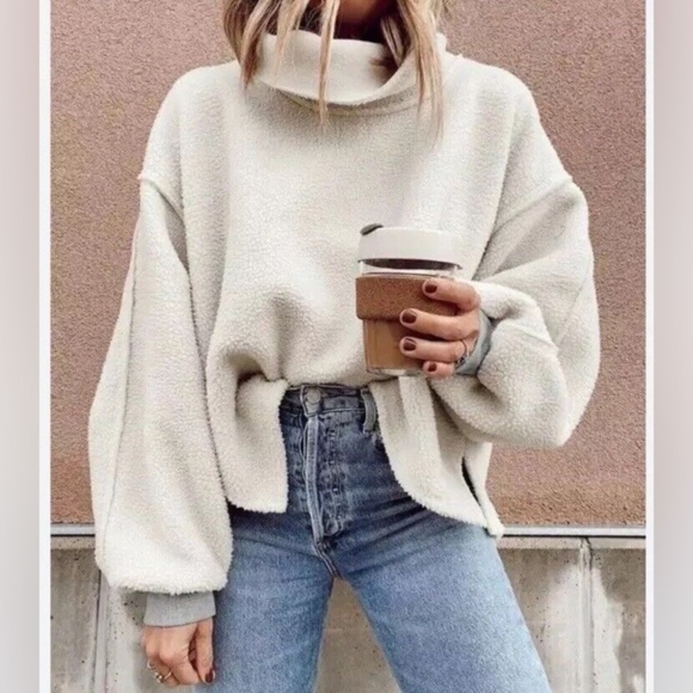 Free People Elk Mountain Fleece Funnel Neck Pullover‎ Sweater Ivory Size XS